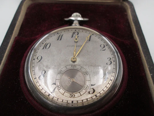 Ulysse Nardin open-face pocket watch. 900 sterling silver. Stem-wind. Original box. 1920's