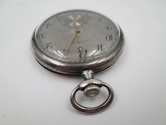 Ulysse Nardin open-face pocket watch. 900 sterling silver. Stem-wind. Original box. 1920's
