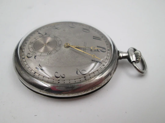 Ulysse Nardin open-face pocket watch. 900 sterling silver. Stem-wind. Original box. 1920's