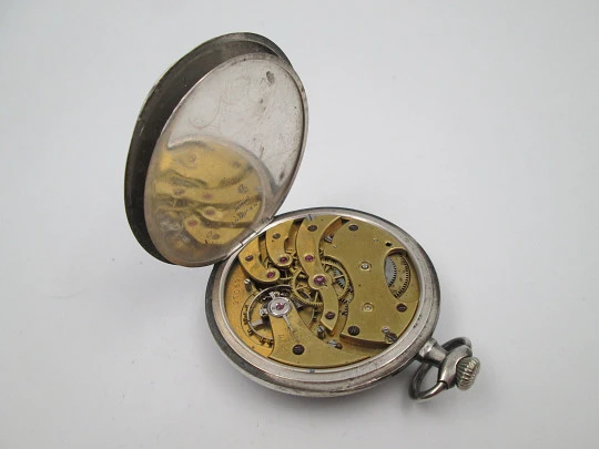 Ulysse Nardin open-face pocket watch. 900 sterling silver. Stem-wind. Original box. 1920's