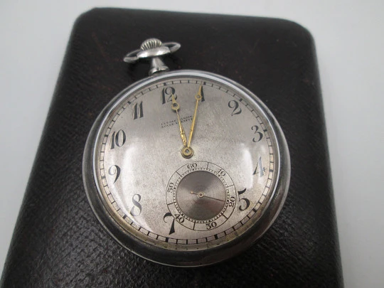 Ulysse Nardin open-face pocket watch. 900 sterling silver. Stem-wind. Original box. 1920's