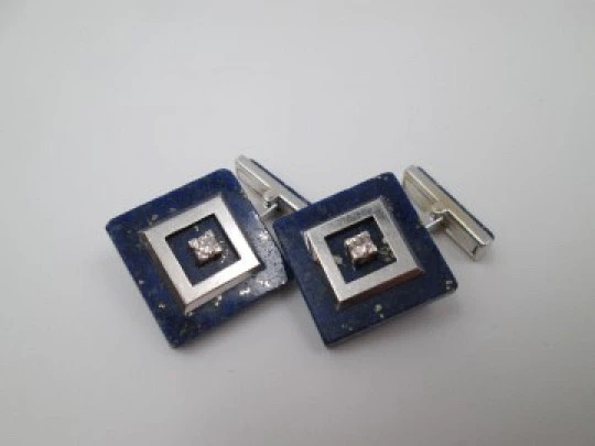 Unisex cufflinks. 18 karat white gold, lapis lazuli and two diamonds. Europe