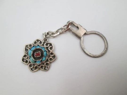 Unisex keychain. Sterling silver. Flower with turquoise & garnets. 1980's