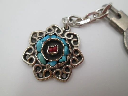 Unisex keychain. Sterling silver. Flower with turquoise & garnets. 1980's