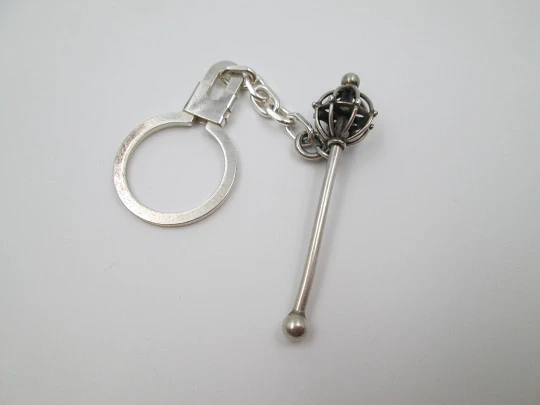 Unisex keychain. Sterling silver. Openwork mace. 1980's. Chain & hitch.