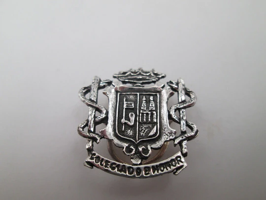 Unisex lapel emblem. Sterling silver. Zamora city shield and pharmacy caduceus. 1980's