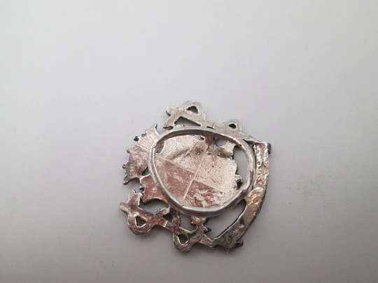 Unisex lapel emblem. Sterling silver. Zamora city shield and pharmacy caduceus. 1980's