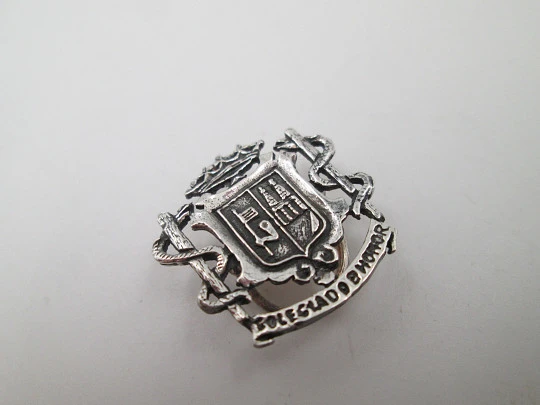 Unisex lapel emblem. Sterling silver. Zamora city shield and pharmacy caduceus. 1980's