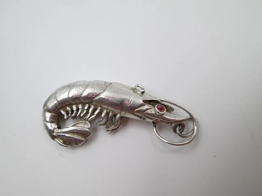 Unisex pendant. Sterling silver. 1970's. Red eyes shrimp motif. Spain