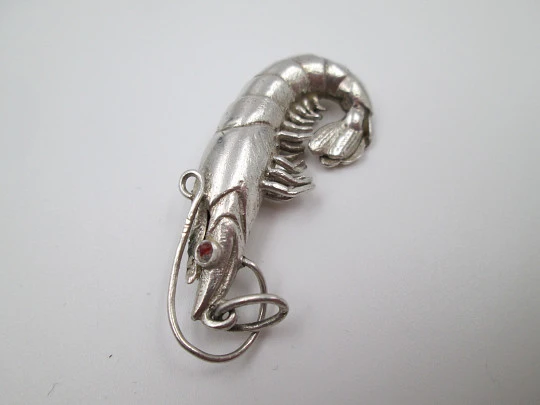 Unisex pendant. Sterling silver. 1970's. Red eyes shrimp motif. Spain