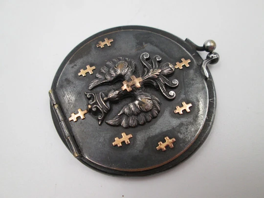 Unisex pocket photo frame. Blackened steel and gold trims. Heraldic symbols. Europe Unisex pocket photo frame. Blackened steel and gold trims. Heraldic symbols. Europe