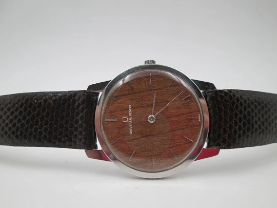 Universal Geneve rare dress watch. Ultra thin steel case and wooden dial. Manual wind