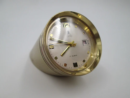 UWS cylindrical desk travel clock. Hand winding. Golden bronze.. Calendar. 1970's UWS cylindrical desk travel clock. Hand winding. Golden bronze.. Calendar. 1970's