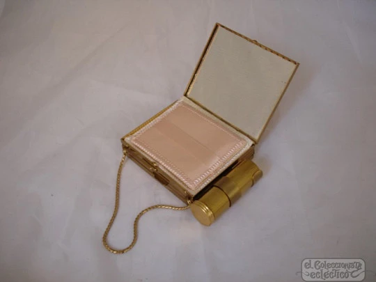 Vanity case. USA. Golden metal and enamel. 1940s. Lipstick. Mirror