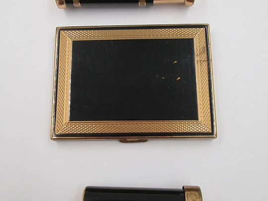 Vanity set. Golden metal and black enamel. Perfume. Compact. Lipstick