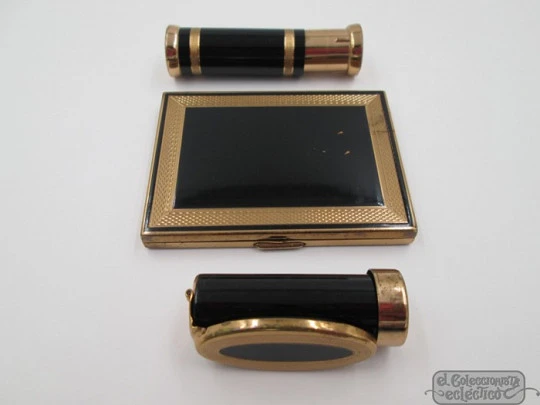 Vanity set. Golden metal and black enamel. Perfume. Compact. Lipstick