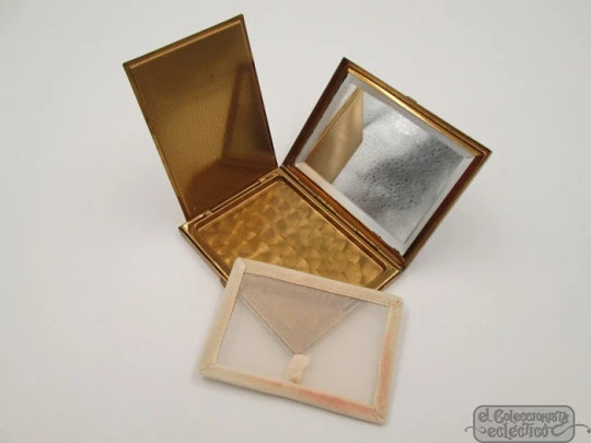 Vanity set. Golden metal and black enamel. Perfume. Compact. Lipstick