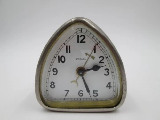 Veglia table clock. Manual wind. Silver metal. Alarm. 1930's. Italy