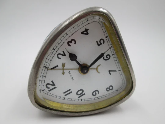 Veglia table clock. Manual wind. Silver metal. Alarm. 1930's. Italy