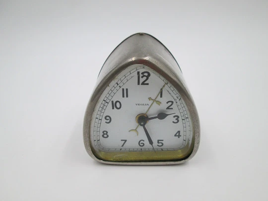 Veglia table clock. Manual wind. Silver metal. Alarm. 1930's. Italy