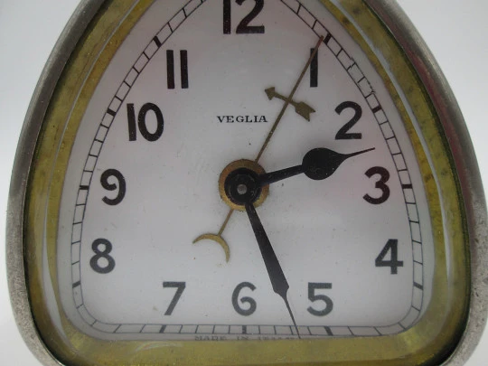 Veglia table clock. Manual wind. Silver metal. Alarm. 1930's. Italy