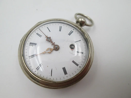 Verge escapement pocket watch. Silver plated metal. Porcelain dial. Key-wind. Swiss. 1820's