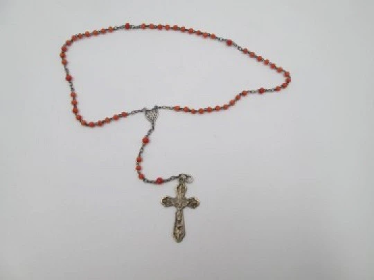 Vermeil, silver and coral rosary. Crucifix and Mary anagram. 1910