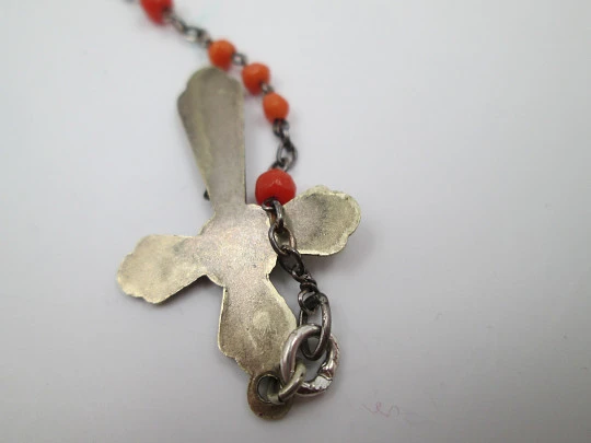 Vermeil, silver and coral rosary. Crucifix and Mary anagram. 1910