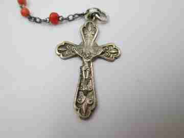 Vermeil, silver and coral rosary. Crucifix and Mary anagram. 1910