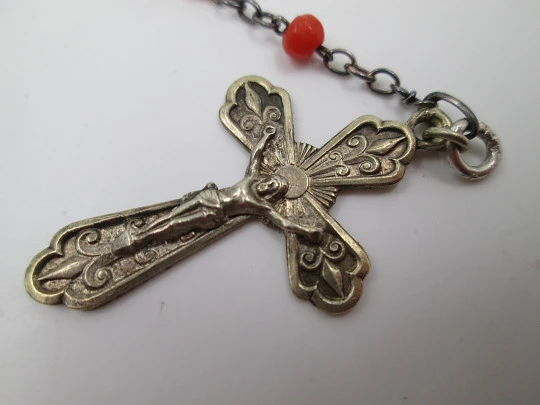 Vermeil, silver and coral rosary. Crucifix and Mary anagram. 1910