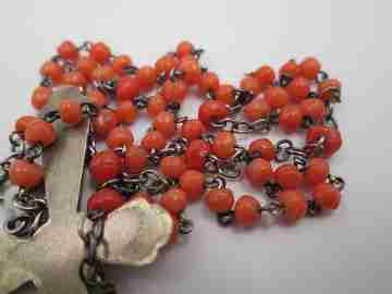 Vermeil, silver and coral rosary. Crucifix and Mary anagram. 1910