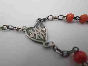 Vermeil, silver and coral rosary. Crucifix and Mary anagram. 1910