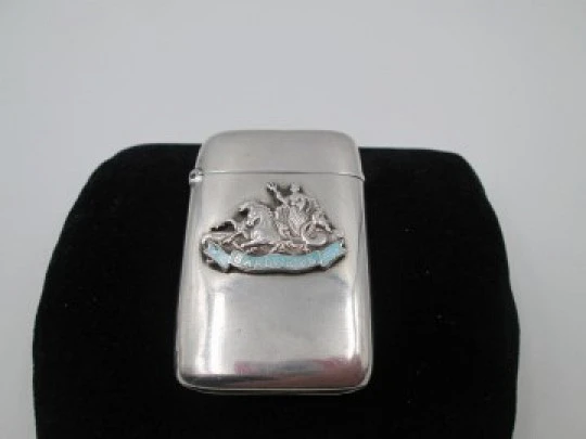 Vesta case. Sterling silver & enamel. Barbados, 1930's. Goddess of Victory