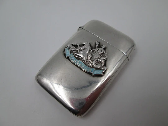 Vesta case. Sterling silver & enamel. Barbados, 1930's. Goddess of Victory