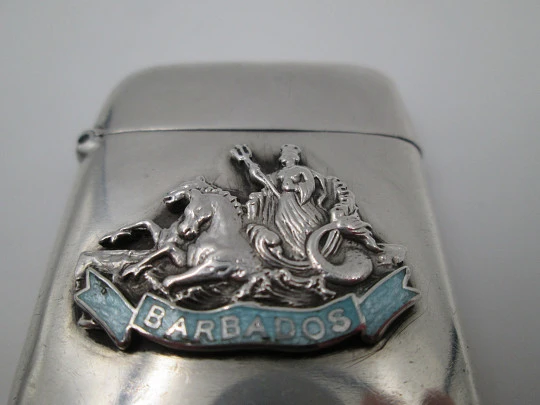 Vesta case. Sterling silver & enamel. Barbados, 1930's. Goddess of Victory