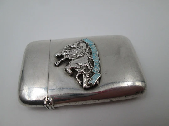 Vesta case. Sterling silver & enamel. Barbados, 1930's. Goddess of Victory