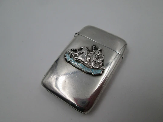 Vesta case. Sterling silver & enamel. Barbados, 1930's. Goddess of Victory