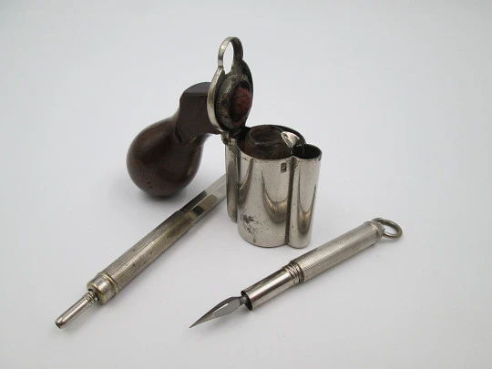 Victorian revolver mechanical writing combination. Silver plated & wood