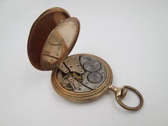 Victory hunter-case pocket watch. Gold plated metal. Stem-wind. Ornate lids. 1910's. Swiss