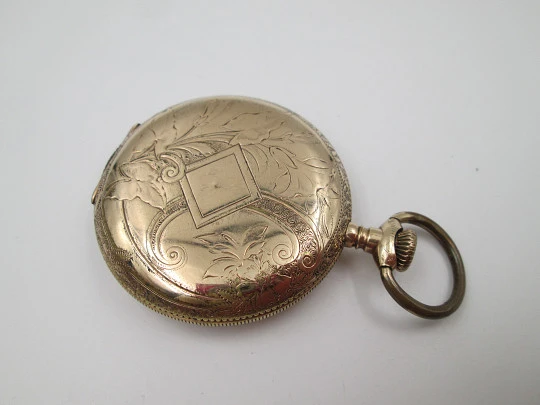 Victory hunter-case pocket watch. Gold plated metal. Stem-wind. Ornate lids. 1910's. Swiss