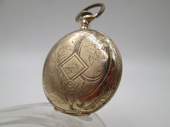 Victory hunter-case pocket watch. Gold plated metal. Stem-wind. Ornate lids. 1910's. Swiss