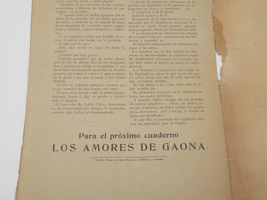 Vida Galante de los Toreros. Los amores de Joselito (Juan López). Portada ilustrada. 1910