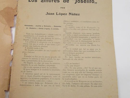 Vida Galante de los Toreros. Los amores de Joselito (Juan López). Portada ilustrada. 1910