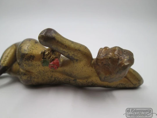 Vienna bronze. Gold painted. Woman with rose. 1900. Wood base