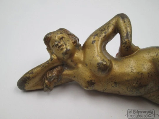 Vienna bronze. Gold painted. Woman with rose. 1900. Wood base