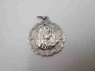 Virgin Mary sterling silver medal. Openwork design. Geometric motifs. Ring & hole. 1940's