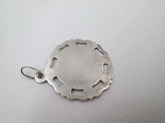 Virgin Mary sterling silver medal. Openwork design. Geometric motifs. Ring & hole. 1940's