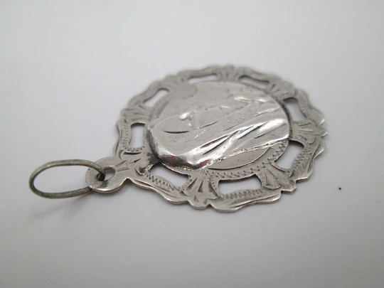 Virgin Mary sterling silver medal. Openwork design. Geometric motifs. Ring & hole. 1940's