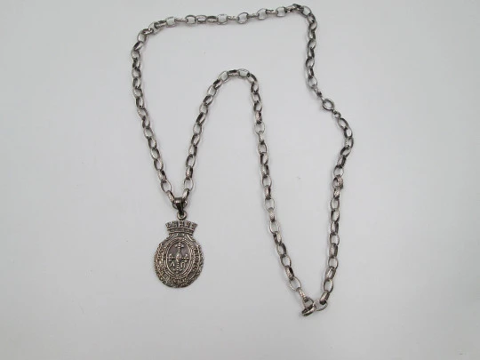 Virgin of Covadonga and the Cross of Victory sterling silver medal with chain. Spain