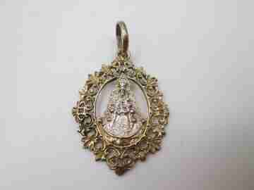 Virgin of Hope openwork medal. Sterling silver & vermeil. Vegetable edge. Ring. 1960's